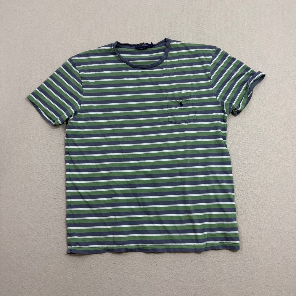 Polo Ralph Lauren Shirt Mens Large Green Striped Classic Fit Pocket Short Sleeve